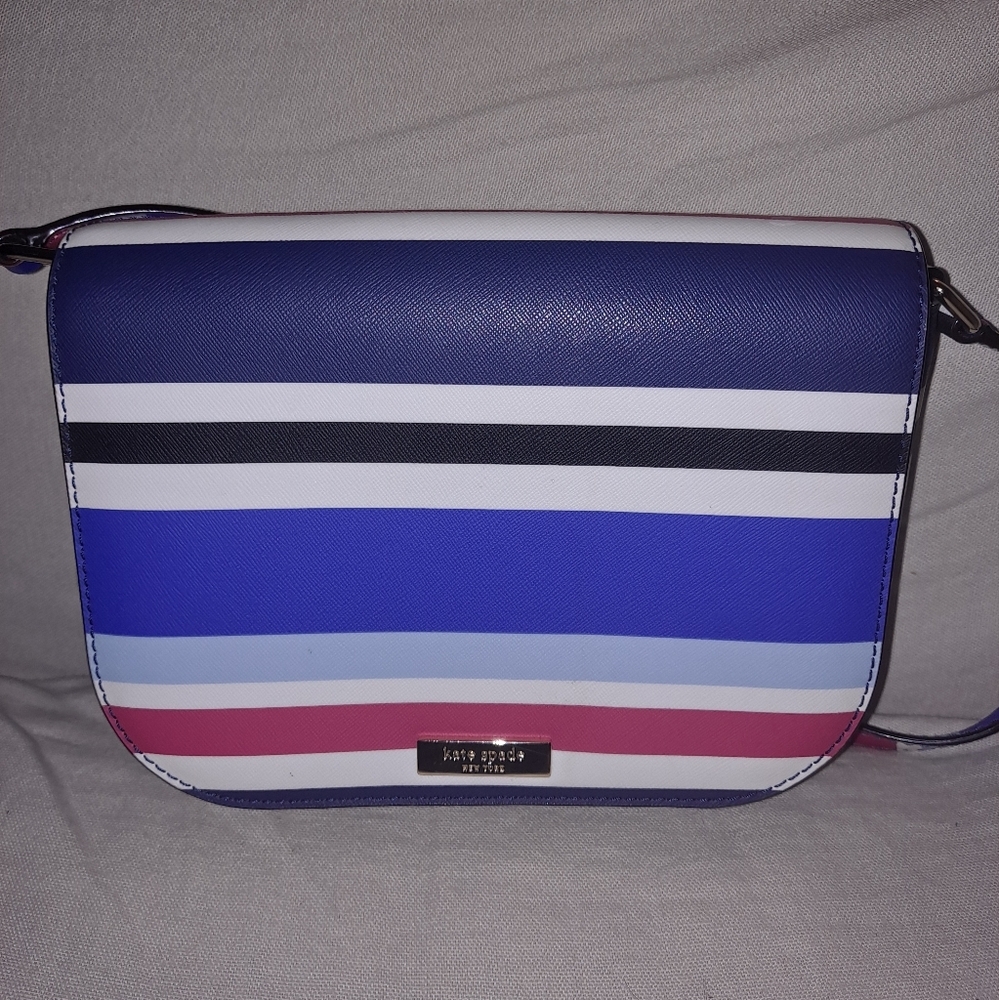 Kate Spade Laurel Way Blue/Pink Striped Saffiano Leather Crossbody/Wallet LNC - Picture 4 of 12